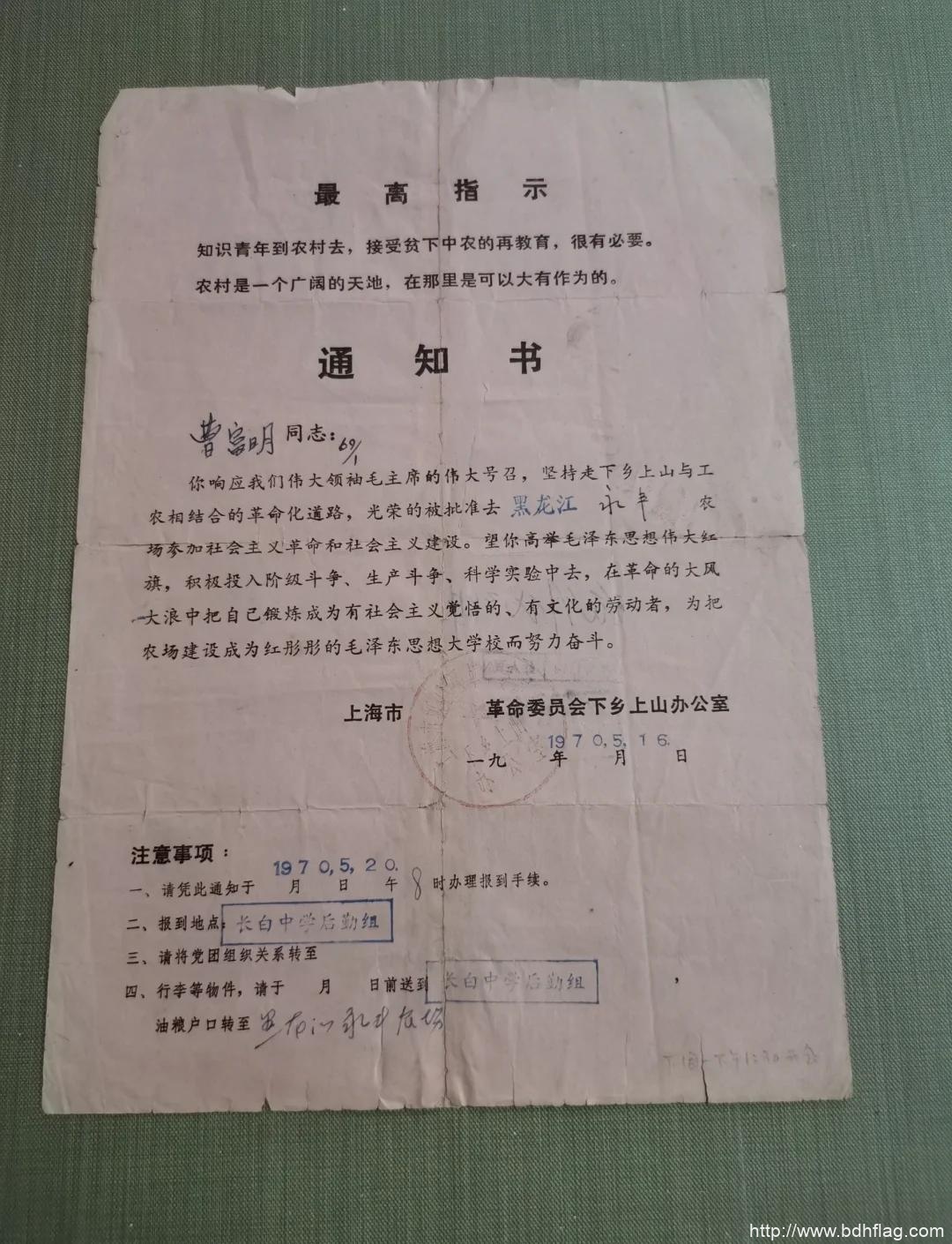 上海知青北大荒:珍贵通知书-父辈的旗帜
